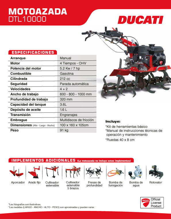 Motoazada Gasolina DTL10000 Con Eje 7 Hp Ancho de Trabajo 60-80-100 cm  Profundidad 36cm DUCATI